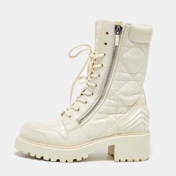 Pre Owned Dior Off White Leather Quilted Cannage D-unit Ankle Length Boots Size 37