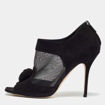 Pre Owned Dior Black Mesh and Suede Floral Applique Open Toe Booties Size 41