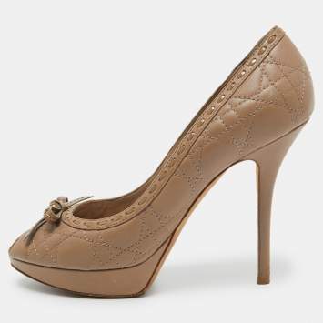 Pre Owned Dior Light Brown Cannage Leather Bow Peep Toe Pumps Size 40