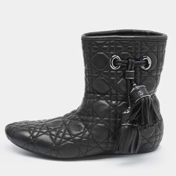 Pre Owned Dior Black Cannage Quilted Leather Tassel Snow Boots Size 38