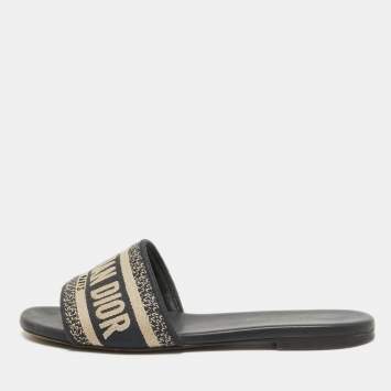 Pre Owned Dior Navy Blue/White Embroidered Canvas Dway Flat Slides Size 36