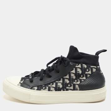 Pre Owned Dior Navy Blue/Beige Oblique Knit Fabric and Leather Walk'n'Dior Mid Top Sneakers Size 40.5