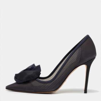 Dior Navy Blue Mesh and Satin Trim Rosette Pointed Toe Pumps Size 39