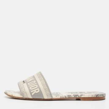 Pre Owned Dior Grey/White Embroidered Canvas Dway Flat Slides Size 38