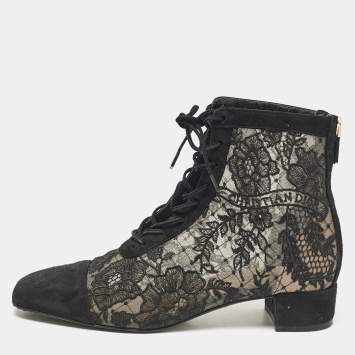 Pre Owned Dior Black Lace and Suede Naughtily D Ankle Boots Size 37