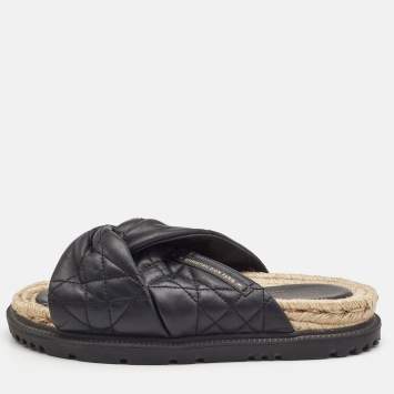 Pre Owned Dior Black Cannage Quilted Leather D-Twist Espadrille Flat Sandals Size 38