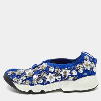 Pre Owned Dior Blue Mesh Embellished Fusion Slip On Sneakers Size 35