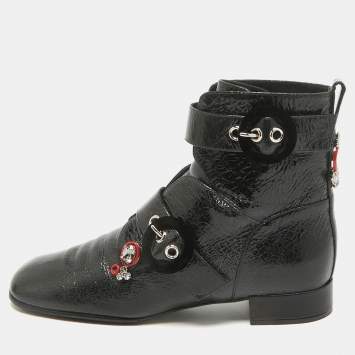 Pre Owned Dior Black Crack Leather Crystal Embellished Ankle Length Boots Size 40.5