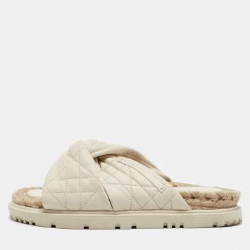 Pre Owned Dior Cream Cannage Quilted Leather D-Twist Espadrille Flat Sandals Size 38.5