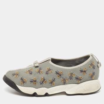 Pre Owned Dior Grey Mesh Fusion Bee Embellished Slip On Sneakers Size 39.5