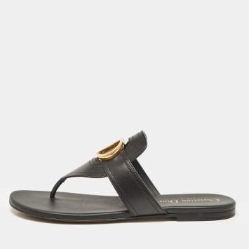 Pre Owned Dior Black Leather 30 Montaigne Thong Flats Size 37