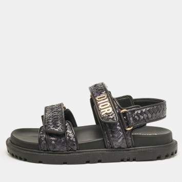 Pre Owned Dior Black Leather and Woven Raffia DiorAct Slingback Sandals Size 38.5
