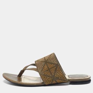 Pre Owned Dior Green Leather and Suede Embellished Flat Sandals Size 39