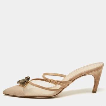 Pre Owned Dior Beige Suede and Mesh Surreal D Eye Mules Size 36