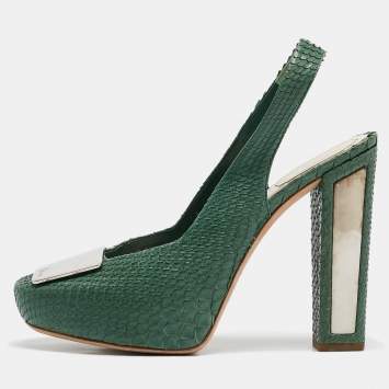 Pre Owned Dior Green Python Embellished Platform Slingback Pumps Size 39
