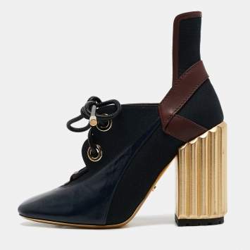 Pre Owned Dior Tricolor Patent Leather and Canvas Lace Up Block Heel Booties Size 38.5