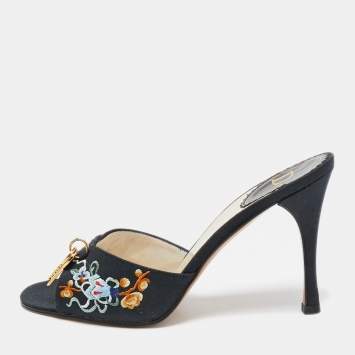 Pre Owned Dior Navy Blue Embroidered Canvas Lock And Key Slide Sandals Size 36.5