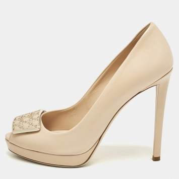 Pre Owned Dior Beige Leather Cannage Plaque Peep Toe Platform Pumps Size 38