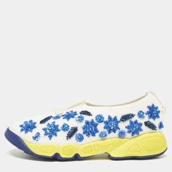 Pre Owned Dior White/Blue Mesh Embellished Fusion Sneakers Size 36