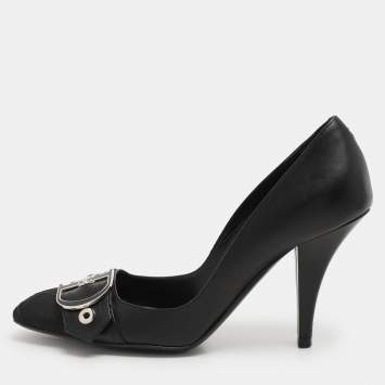 Dior Black Leather And Cannage Canvas Cap Toe D Buckle Pumps Size 36