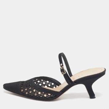 Pre Owned Dior Black Embellished Mesh Dior Capture Ankle Strap Mules Size 36