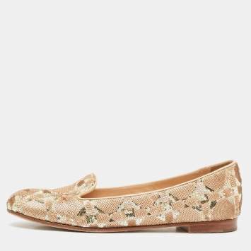 Dior Beige/Gold Sequin and Patent Leather Smoking Slippers Size 36