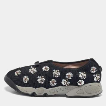 Dior Black Mesh Fusion Floral Embellished Slip On Sneakers Size 39