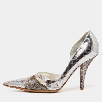 Dior Silver/Brown Python Embossed Leather and Texture Suede Pumps Size 36.5