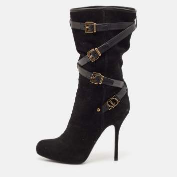 Dior Black Leather and Suede Buckle Mid Calf Boots Size 38.5