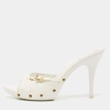 Pre Owned Dior White Quilted Patent Leather Buckle Detail Open Toe Slide Sandals Size 41