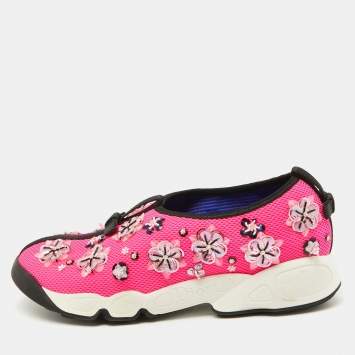 Pre Owned Dior Pink Mesh Embellished Fusion Slip On Sneakers Size 37