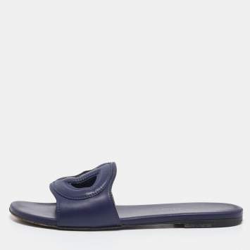 Dior Navy Blue Leather D Club Slide Flats Size 36