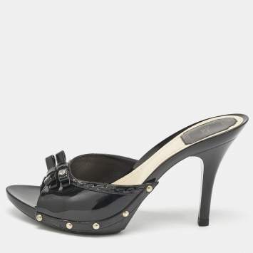 Dior Black Patent Leather Bow Slide Sandals Size 40