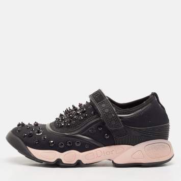 Pre Owned Dior Black Neoprene And Mesh Fusion Embellished Velcro Strap Sneakers Size 37.5