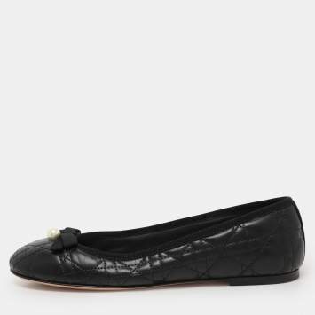 Pre Owned Dior Black Cannage Leather Bow Pearl Ballet Flats Size 38