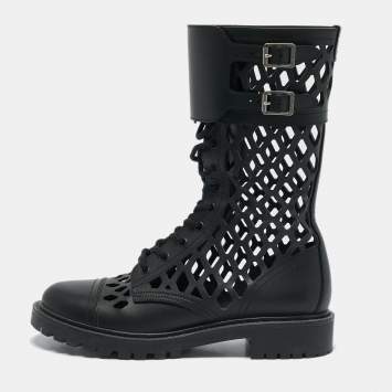 Pre Owned Dior Black Leather Laser Cut Accents Combat Boots Size 40