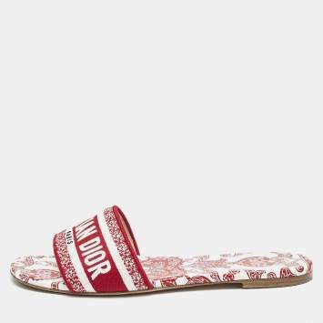 Pre Owned Dior Red/White Embroidered Canvas Dway Flat Slides Size 41