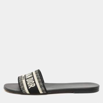 Pre Owned Dior Black/White Embroidered Canvas Dway Flats Slides Size 40