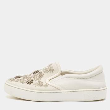 Pre Owned Dior White Denim And Leather Happy Crystal Embellished Slip On Sneakers Size 37