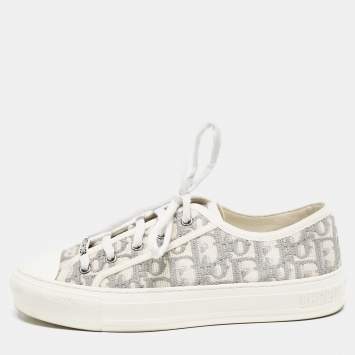 Pre Owned Dior Grey Embroidered Cotton Oblique Motif Walk'n'Dior Low Top Sneakers Size 38