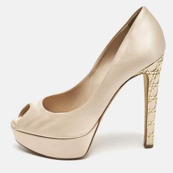 Pre Owned Dior Beige Satin Cannage Heel Peep Toe Platform Pumps Size 38