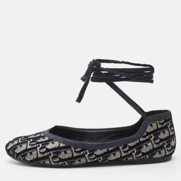 Pre Owned Dior Blue Oblique Embroidered Velvet Poeme Ballet Flats Size 37.5