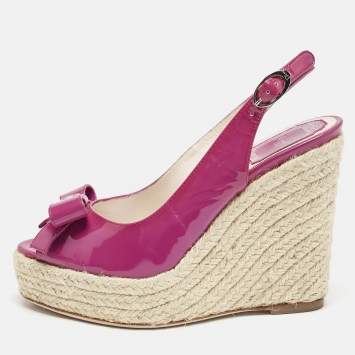 Pre Owned Dior Pink Patent Leather Bow Espadrille Platform Wedge Sandals Size 36