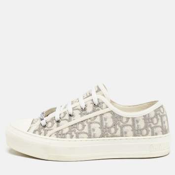 Pre Owned Dior White/Grey Oblique Embroidered Canvas Walk'n'Dior Low Top Sneakers Size 37