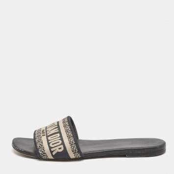 Pre Owned Dior Navy Blue Embroidered Canvas Dway Flat Slides Size 39