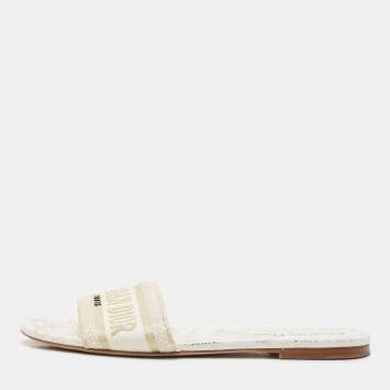 Pre Owned Dior White/Gold Embroidered Canvas Dway Flat Slide Sandals Size 40