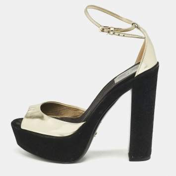 Dior Gold Leather and Suede Block Heel Ankle Strap Sandals Size 37.5