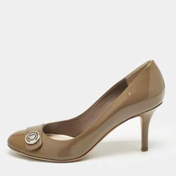Pre Owned Dior Brown Patent Leather Logo Round Toe Pumps Size 36.5