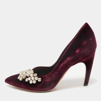 Dior Burgundy Velvet Crystals Embellished Pumps Size 38