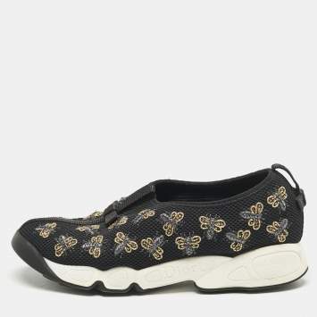 Pre Owned Dior Black Mesh Fusion Bee Embellished Slip On Sneakers Size 37.5